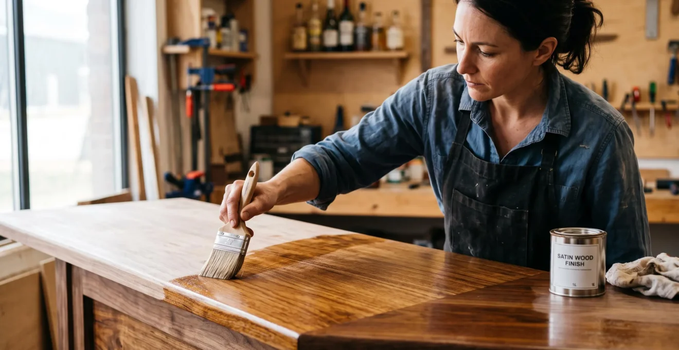 Artisan appliquant au pinceau une finition protectrice moderne sur un comptoir de bar rénové, révélant la profondeur du bois