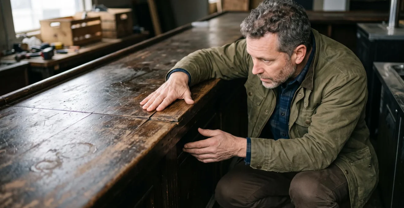Professionnel inspectant de près un comptoir de bar d'occasion, examinant l'état du bois et la structure avant rénovation