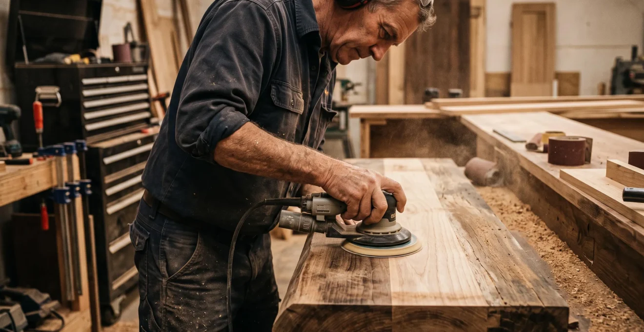 Artisan ponçant activement la surface d'un comptoir de bar avec une ponceuse électrique, révélant le bois brut sous l'ancienne finition